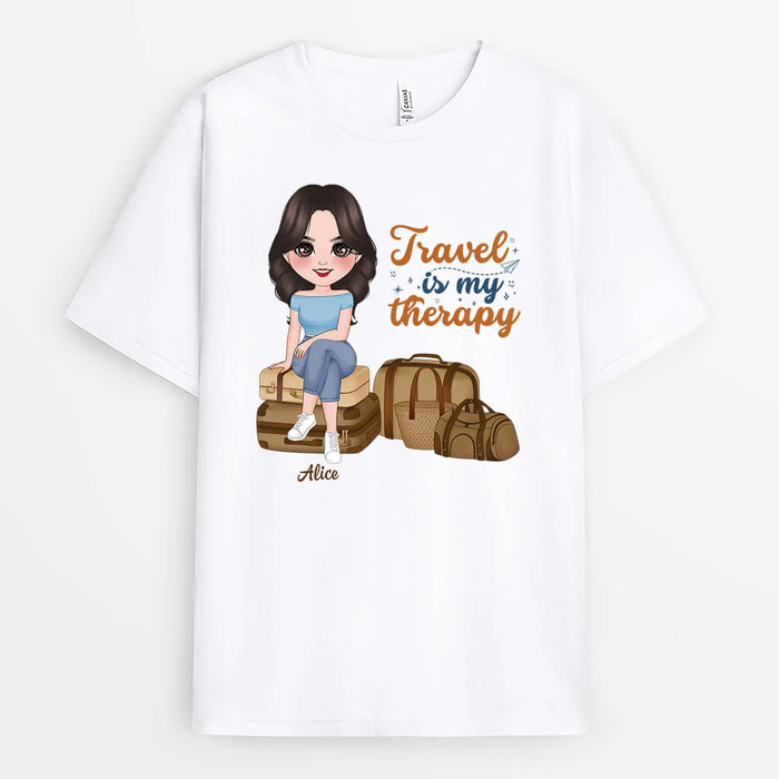 A personalized travel-themed t-shirt can serve as a wearable memory of her past travels